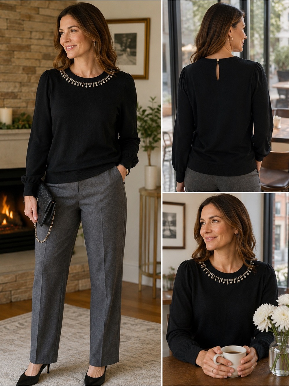 Liz Claiborne Soft Sweater XL Black Pearl Rhinestone Embellished Neckline Dressy